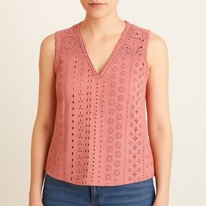 NWT Joie Blouse Eyelet Lace Crochet Trim Cotton Top Desert Rose Pink Size XS NEW
